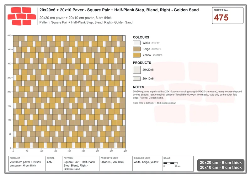 Interlock (Pasco) 20x20 cm · SQ22-475 · Square Pair + Half-Plank Step, Blend, Right - Golden Sand · Laying plan Interlock (Pasco) 20x20 cm · SQ22-475 · Square Pair + Half-Plank Step, Blend, Right - Golden Sand · Laying plan