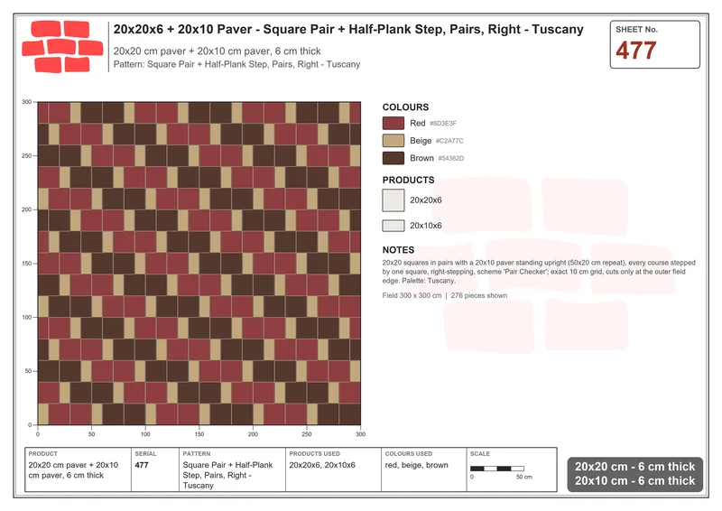 Interlock (Pasco) 20x20 cm · SQ22-477 · Square Pair + Half-Plank Step, Pairs, Right - Tuscany · Laying plan Interlock (Pasco) 20x20 cm · SQ22-477 · Square Pair + Half-Plank Step, Pairs, Right - Tuscany · Laying plan