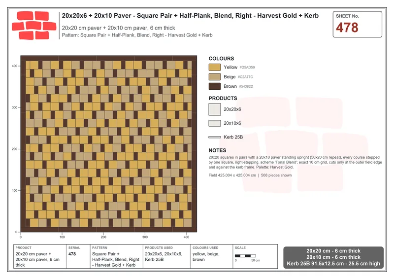 Interlock (Pasco) 20x20 cm · SQ22-478 · Square Pair + Half-Plank, Blend, Right - Harvest Gold + Kerb · Laying plan Interlock (Pasco) 20x20 cm · SQ22-478 · Square Pair + Half-Plank, Blend, Right - Harvest Gold + Kerb · Laying plan