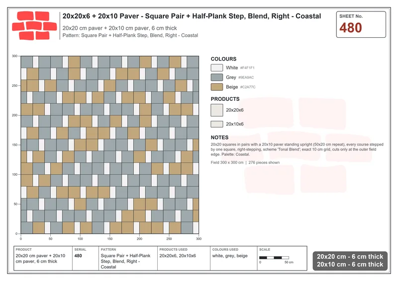 Interlock (Pasco) 20x20 cm · SQ22-480 · Square Pair + Half-Plank Step, Blend, Right - Coastal · Laying plan Interlock (Pasco) 20x20 cm · SQ22-480 · Square Pair + Half-Plank Step, Blend, Right - Coastal · Laying plan