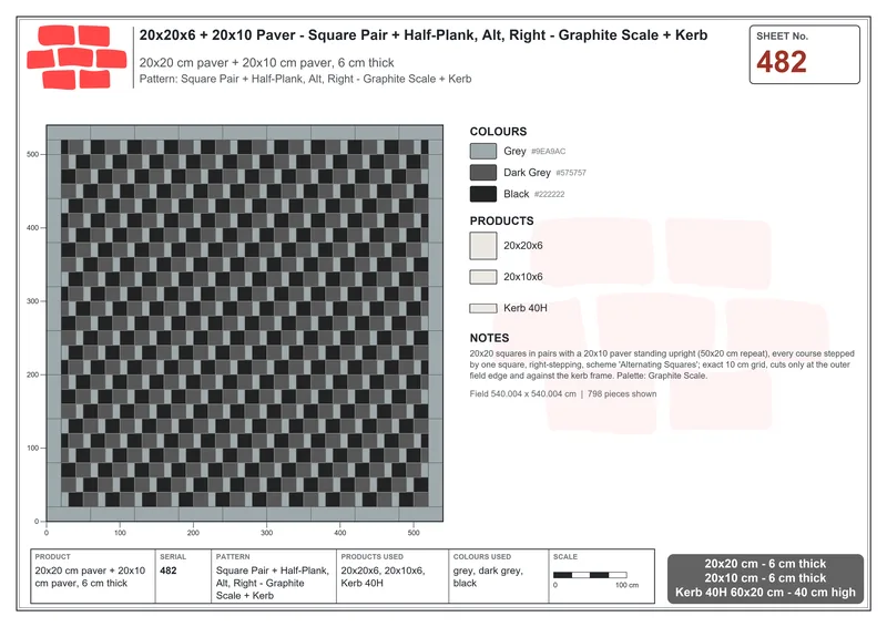 Interlock (Pasco) 20x20 cm · SQ22-482 · Square Pair + Half-Plank, Alt, Right - Graphite Scale + Kerb · Laying plan Interlock (Pasco) 20x20 cm · SQ22-482 · Square Pair + Half-Plank, Alt, Right - Graphite Scale + Kerb · Laying plan