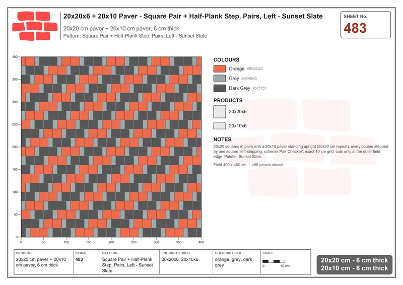 Interlock (Pasco) 20x20 cm · SQ22-483 · Square Pair + Half-Plank Step, Pairs, Left - Sunset Slate · Laying plan Interlock (Pasco) 20x20 cm · SQ22-483 · Square Pair + Half-Plank Step, Pairs, Left - Sunset Slate · Laying plan
