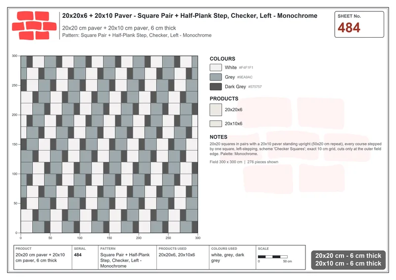 Interlock (Pasco) 20x20 cm · SQ22-484 · Square Pair + Half-Plank Step, Checker, Left - Monochrome · Laying plan Interlock (Pasco) 20x20 cm · SQ22-484 · Square Pair + Half-Plank Step, Checker, Left - Monochrome · Laying plan