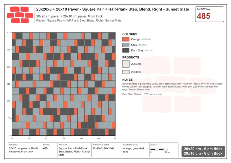 Interlock (Pasco) 20x20 cm · SQ22-485 · Square Pair + Half-Plank Step, Blend, Right - Sunset Slate · Laying plan Interlock (Pasco) 20x20 cm · SQ22-485 · Square Pair + Half-Plank Step, Blend, Right - Sunset Slate · Laying plan