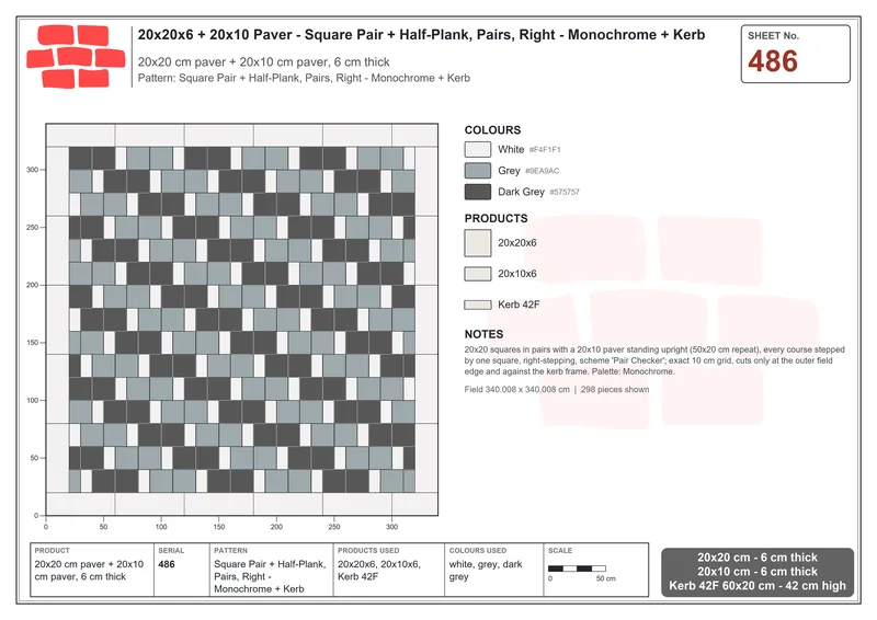 Interlock (Pasco) 20x20 cm · SQ22-486 · Square Pair + Half-Plank, Pairs, Right - Monochrome + Kerb · Laying plan Interlock (Pasco) 20x20 cm · SQ22-486 · Square Pair + Half-Plank, Pairs, Right - Monochrome + Kerb · Laying plan