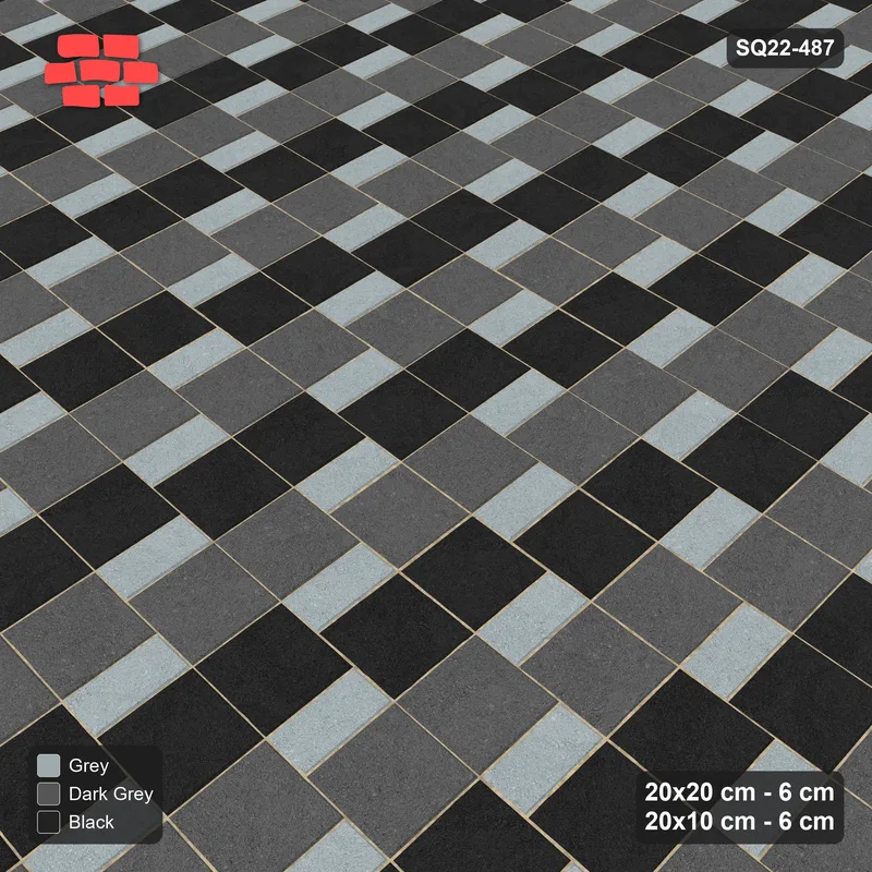 Interlock (Pasco) 20x20 cm · SQ22-487 · Square Pair + Half-Plank Step, Check, Left - Graphite Scale · Side view