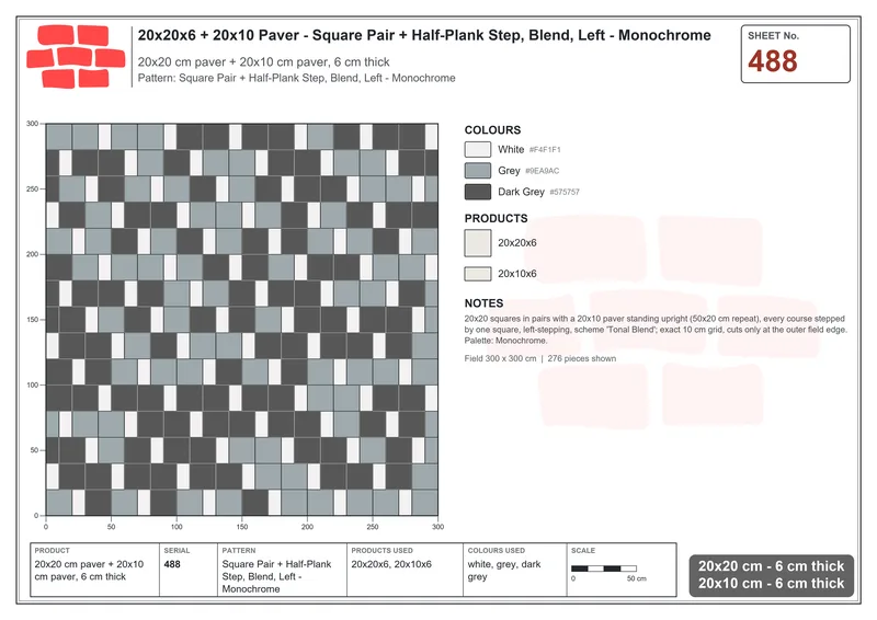 Interlock (Pasco) 20x20 cm · SQ22-488 · Square Pair + Half-Plank Step, Blend, Left - Monochrome · Laying plan Interlock (Pasco) 20x20 cm · SQ22-488 · Square Pair + Half-Plank Step, Blend, Left - Monochrome · Laying plan