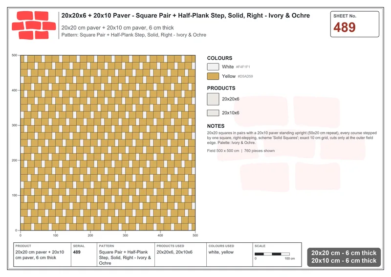 Interlock (Pasco) 20x20 cm · SQ22-489 · Square Pair + Half-Plank Step, Solid, Right - Ivory & Ochre · Laying plan Interlock (Pasco) 20x20 cm · SQ22-489 · Square Pair + Half-Plank Step, Solid, Right - Ivory & Ochre · Laying plan