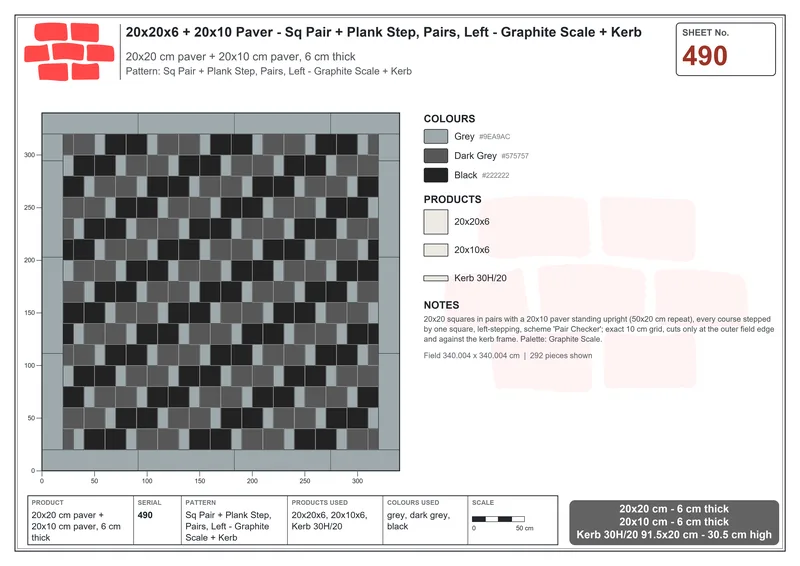 Interlock (Pasco) 20x20 cm · SQ22-490 · Sq Pair + Plank Step, Pairs, Left - Graphite Scale + Kerb · Laying plan Interlock (Pasco) 20x20 cm · SQ22-490 · Sq Pair + Plank Step, Pairs, Left - Graphite Scale + Kerb · Laying plan