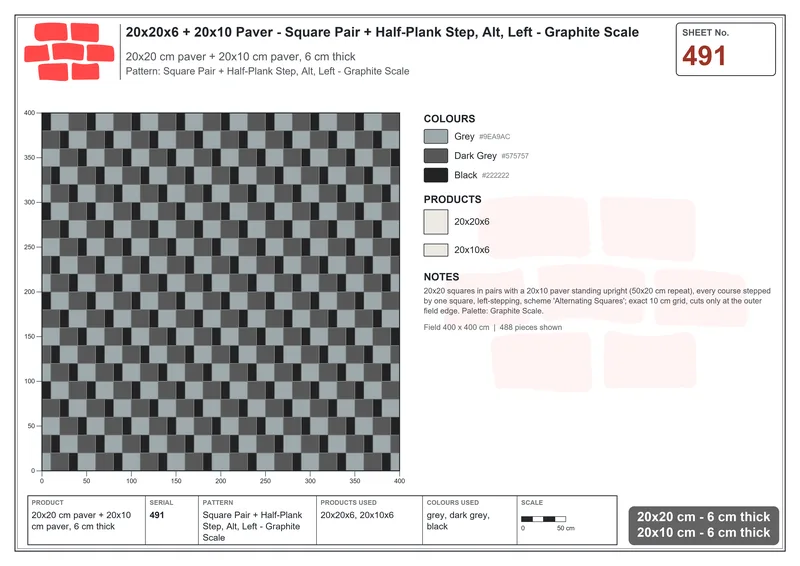 Interlock (Pasco) 20x20 cm · SQ22-491 · Square Pair + Half-Plank Step, Alt, Left - Graphite Scale · Laying plan Interlock (Pasco) 20x20 cm · SQ22-491 · Square Pair + Half-Plank Step, Alt, Left - Graphite Scale · Laying plan