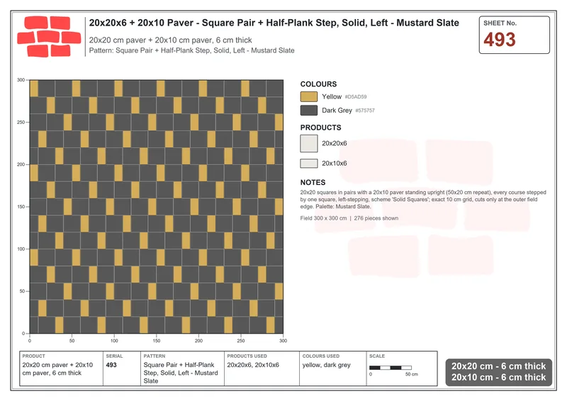 Interlock (Pasco) 20x20 cm · SQ22-493 · Square Pair + Half-Plank Step, Solid, Left - Mustard Slate · Laying plan Interlock (Pasco) 20x20 cm · SQ22-493 · Square Pair + Half-Plank Step, Solid, Left - Mustard Slate · Laying plan