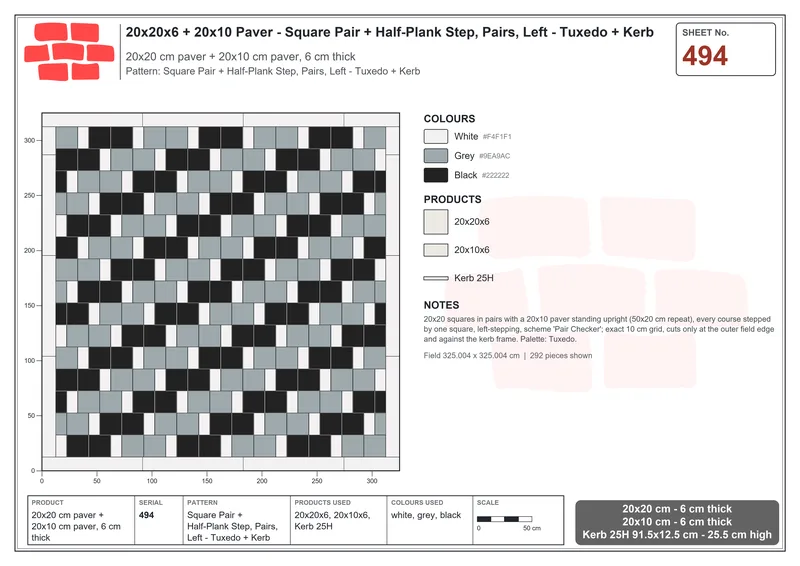 Interlock (Pasco) 20x20 cm · SQ22-494 · Square Pair + Half-Plank Step, Pairs, Left - Tuxedo + Kerb · Laying plan Interlock (Pasco) 20x20 cm · SQ22-494 · Square Pair + Half-Plank Step, Pairs, Left - Tuxedo + Kerb · Laying plan