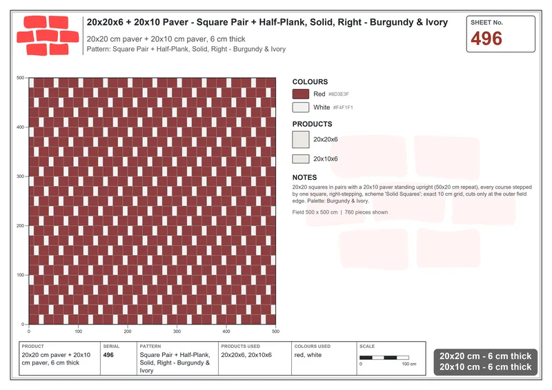 Interlock (Pasco) 20x20 cm · SQ22-496 · Square Pair + Half-Plank, Solid, Right - Burgundy & Ivory · Laying plan Interlock (Pasco) 20x20 cm · SQ22-496 · Square Pair + Half-Plank, Solid, Right - Burgundy & Ivory · Laying plan