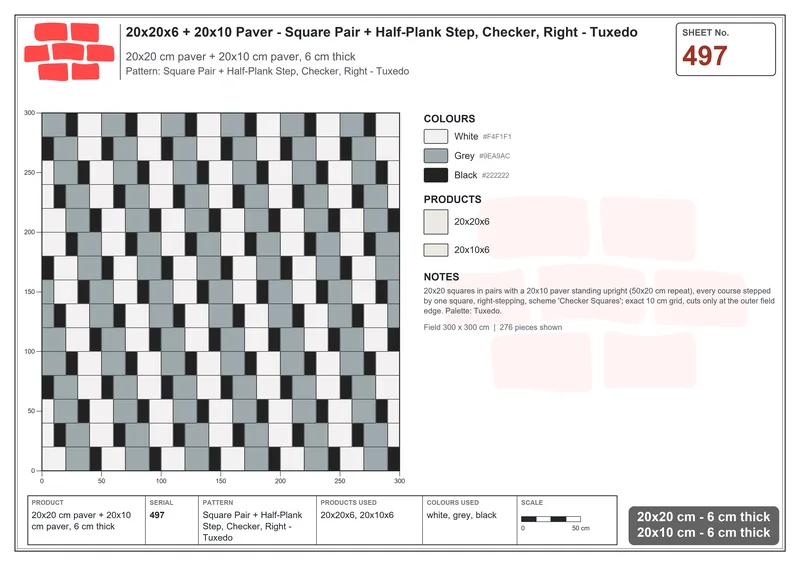 Interlock (Pasco) 20x20 cm · SQ22-497 · Square Pair + Half-Plank Step, Checker, Right - Tuxedo · Laying plan Interlock (Pasco) 20x20 cm · SQ22-497 · Square Pair + Half-Plank Step, Checker, Right - Tuxedo · Laying plan