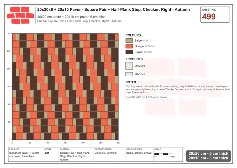 Interlock (Pasco) 20x20 cm · SQ22-499 · Square Pair + Half-Plank Step, Checker, Right - Autumn · Laying plan Interlock (Pasco) 20x20 cm · SQ22-499 · Square Pair + Half-Plank Step, Checker, Right - Autumn · Laying plan