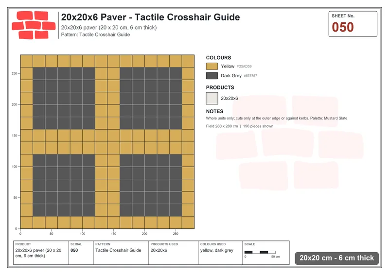 Interlock (Pasco) 20x20 cm · SQ22-50 · Tactile Crosshair Guide · Laying plan Interlock (Pasco) 20x20 cm · SQ22-50 · Tactile Crosshair Guide · Laying plan