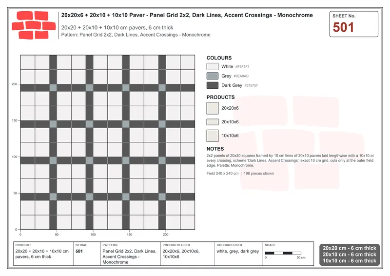 Interlock (Pasco) 20x20 cm · SQ22-501 · Panel Grid 2x2, Dark Lines, Accent Crossings - Monochrome · Laying plan Interlock (Pasco) 20x20 cm · SQ22-501 · Panel Grid 2x2, Dark Lines, Accent Crossings - Monochrome · Laying plan