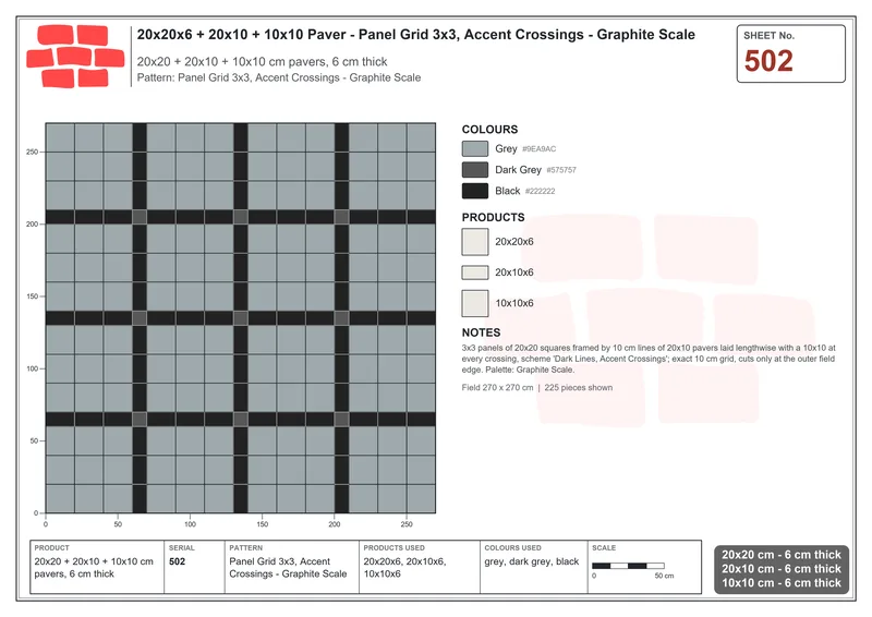 Interlock (Pasco) 20x20 cm · SQ22-502 · Panel Grid 3x3, Accent Crossings - Graphite Scale · Laying plan Interlock (Pasco) 20x20 cm · SQ22-502 · Panel Grid 3x3, Accent Crossings - Graphite Scale · Laying plan
