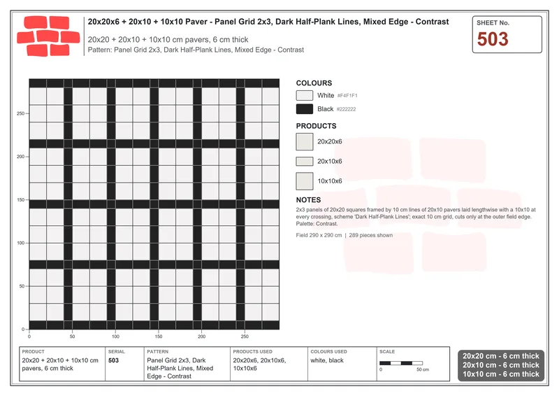 Interlock (Pasco) 20x20 cm · SQ22-503 · Panel Grid 2x3, Dark Half-Plank Lines, Mixed Edge - Contrast · Laying plan Interlock (Pasco) 20x20 cm · SQ22-503 · Panel Grid 2x3, Dark Half-Plank Lines, Mixed Edge - Contrast · Laying plan
