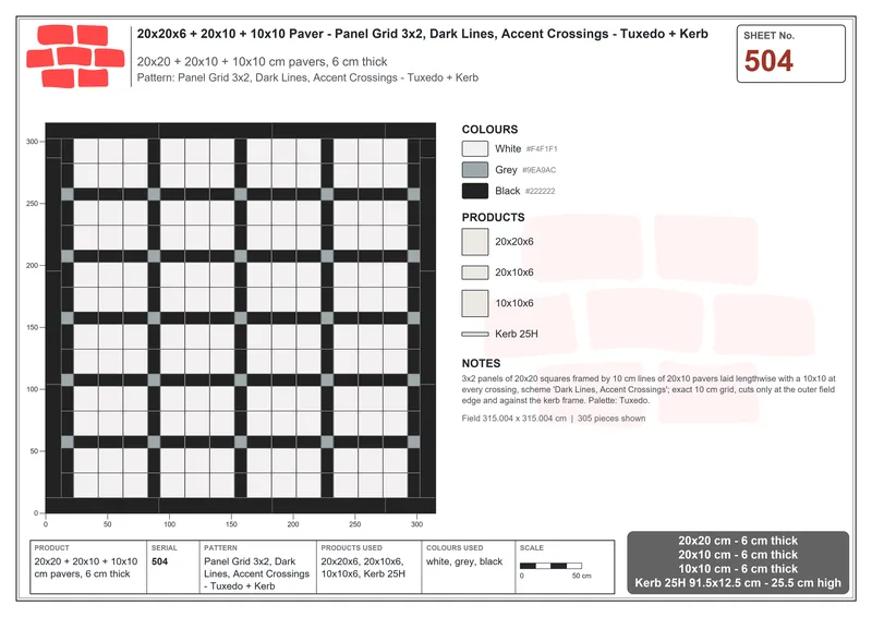 Interlock (Pasco) 20x20 cm · SQ22-504 · Panel Grid 3x2, Dark Lines, Accent Crossings - Tuxedo + Kerb · Laying plan Interlock (Pasco) 20x20 cm · SQ22-504 · Panel Grid 3x2, Dark Lines, Accent Crossings - Tuxedo + Kerb · Laying plan