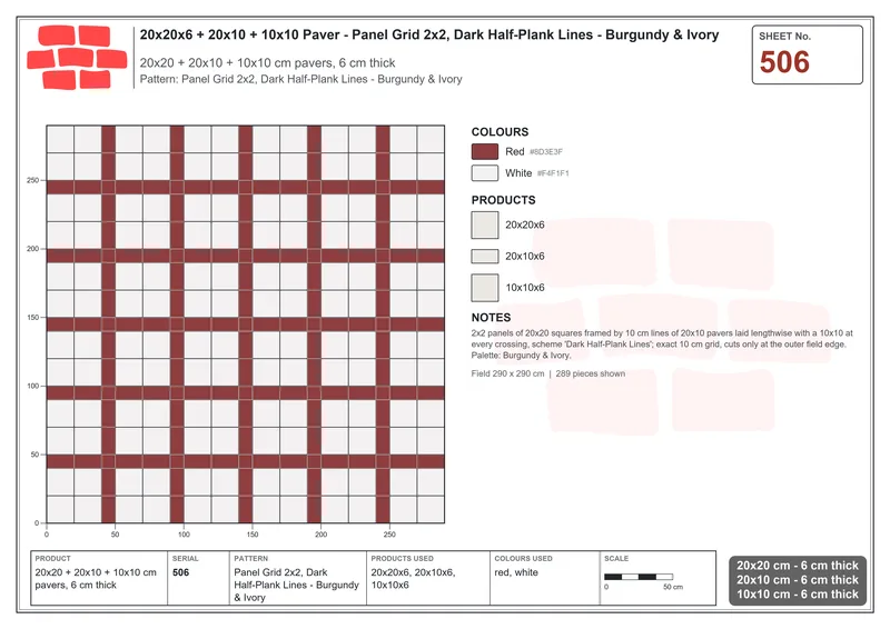 Interlock (Pasco) 20x20 cm · SQ22-506 · Panel Grid 2x2, Dark Half-Plank Lines - Burgundy & Ivory · Laying plan Interlock (Pasco) 20x20 cm · SQ22-506 · Panel Grid 2x2, Dark Half-Plank Lines - Burgundy & Ivory · Laying plan