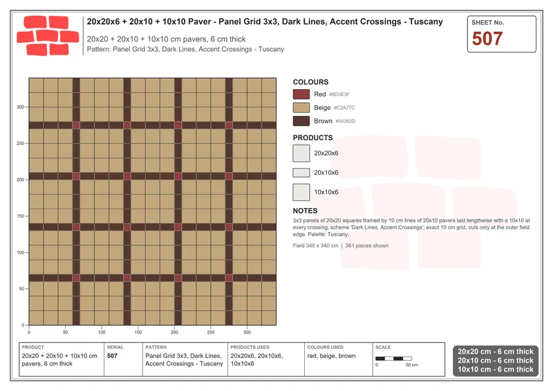 Interlock (Pasco) 20x20 cm · SQ22-507 · Panel Grid 3x3, Dark Lines, Accent Crossings - Tuscany · Laying plan Interlock (Pasco) 20x20 cm · SQ22-507 · Panel Grid 3x3, Dark Lines, Accent Crossings - Tuscany · Laying plan