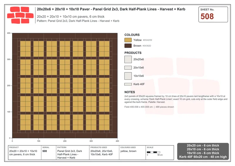 Interlock (Pasco) 20x20 cm · SQ22-508 · Panel Grid 2x3, Dark Half-Plank Lines - Harvest + Kerb · Laying plan Interlock (Pasco) 20x20 cm · SQ22-508 · Panel Grid 2x3, Dark Half-Plank Lines - Harvest + Kerb · Laying plan