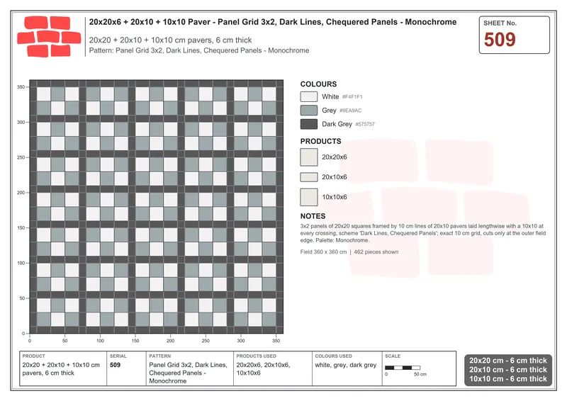 Interlock (Pasco) 20x20 cm · SQ22-509 · Panel Grid 3x2, Dark Lines, Chequered Panels - Monochrome · Laying plan Interlock (Pasco) 20x20 cm · SQ22-509 · Panel Grid 3x2, Dark Lines, Chequered Panels - Monochrome · Laying plan