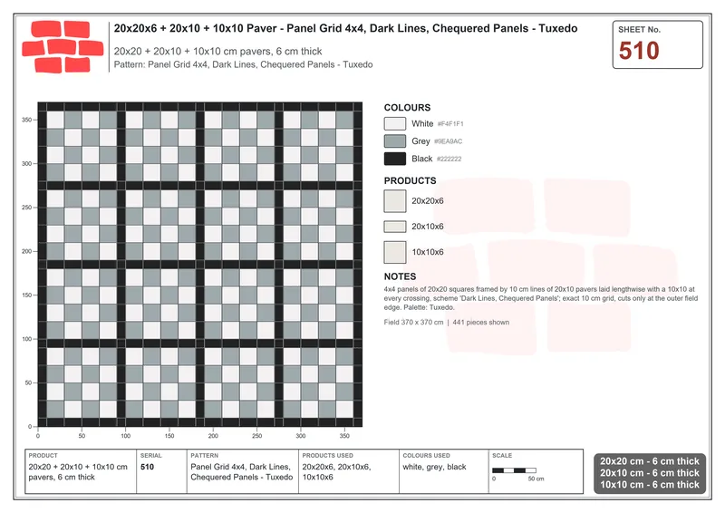 Interlock (Pasco) 20x20 cm · SQ22-510 · Panel Grid 4x4, Dark Lines, Chequered Panels - Tuxedo · Laying plan Interlock (Pasco) 20x20 cm · SQ22-510 · Panel Grid 4x4, Dark Lines, Chequered Panels - Tuxedo · Laying plan