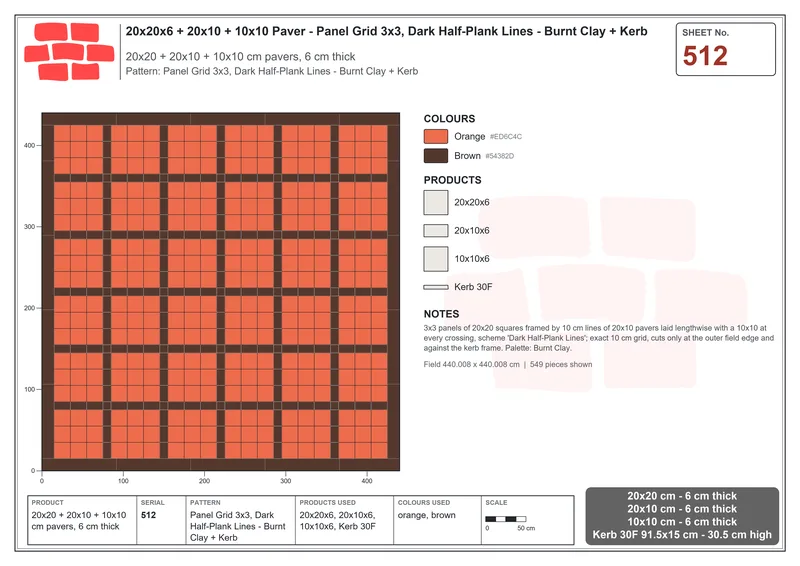 Interlock (Pasco) 20x20 cm · SQ22-512 · Panel Grid 3x3, Dark Half-Plank Lines - Burnt Clay + Kerb · Laying plan Interlock (Pasco) 20x20 cm · SQ22-512 · Panel Grid 3x3, Dark Half-Plank Lines - Burnt Clay + Kerb · Laying plan