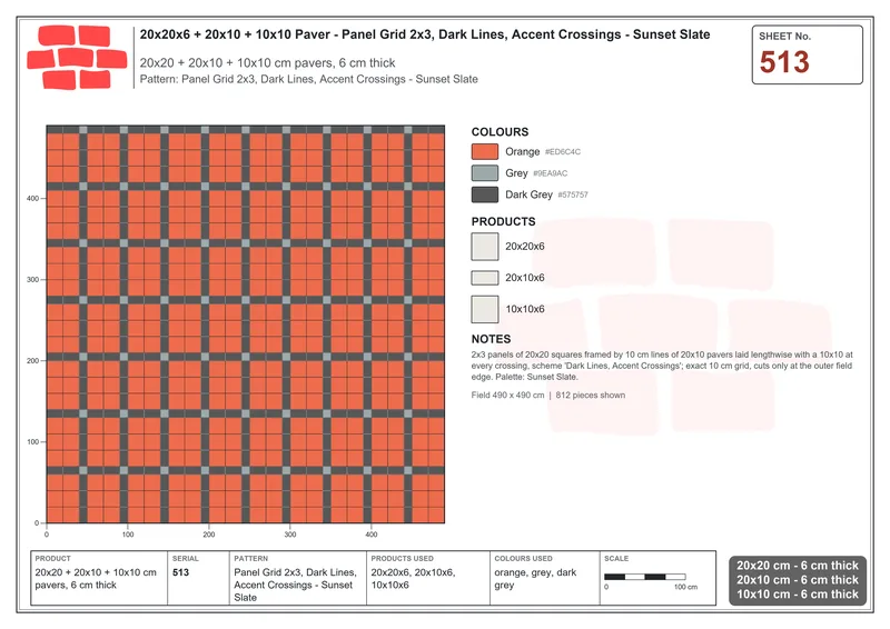 Interlock (Pasco) 20x20 cm · SQ22-513 · Panel Grid 2x3, Dark Lines, Accent Crossings - Sunset Slate · Laying plan Interlock (Pasco) 20x20 cm · SQ22-513 · Panel Grid 2x3, Dark Lines, Accent Crossings - Sunset Slate · Laying plan