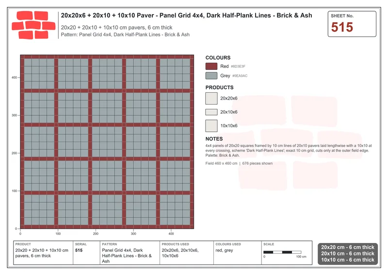 Interlock (Pasco) 20x20 cm · SQ22-515 · Panel Grid 4x4, Dark Half-Plank Lines - Brick & Ash · Laying plan Interlock (Pasco) 20x20 cm · SQ22-515 · Panel Grid 4x4, Dark Half-Plank Lines - Brick & Ash · Laying plan