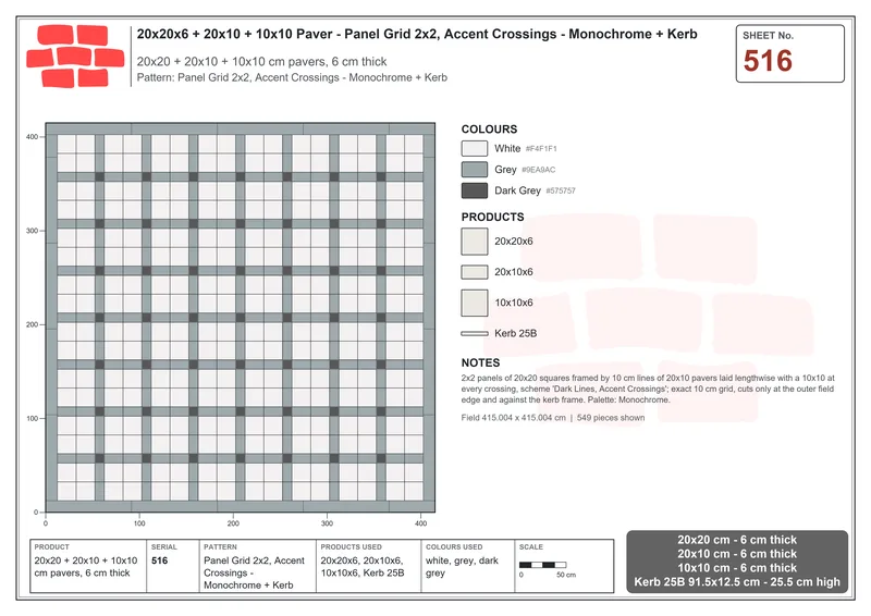 Interlock (Pasco) 20x20 cm · SQ22-516 · Panel Grid 2x2, Accent Crossings - Monochrome + Kerb · Laying plan Interlock (Pasco) 20x20 cm · SQ22-516 · Panel Grid 2x2, Accent Crossings - Monochrome + Kerb · Laying plan