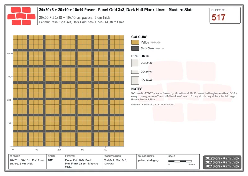 Interlock (Pasco) 20x20 cm · SQ22-517 · Panel Grid 3x3, Dark Half-Plank Lines - Mustard Slate · Laying plan Interlock (Pasco) 20x20 cm · SQ22-517 · Panel Grid 3x3, Dark Half-Plank Lines - Mustard Slate · Laying plan