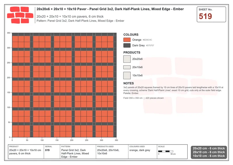 Interlock (Pasco) 20x20 cm · SQ22-519 · Panel Grid 3x2, Dark Half-Plank Lines, Mixed Edge - Ember · Laying plan Interlock (Pasco) 20x20 cm · SQ22-519 · Panel Grid 3x2, Dark Half-Plank Lines, Mixed Edge - Ember · Laying plan
