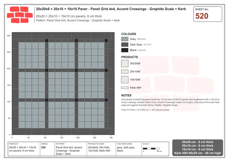 Interlock (Pasco) 20x20 cm · SQ22-520 · Panel Grid 4x4, Accent Crossings - Graphite Scale + Kerb · Laying plan Interlock (Pasco) 20x20 cm · SQ22-520 · Panel Grid 4x4, Accent Crossings - Graphite Scale + Kerb · Laying plan