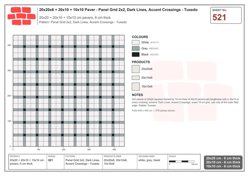 Interlock (Pasco) 20x20 cm · SQ22-521 · Panel Grid 2x2, Dark Lines, Accent Crossings - Tuxedo · Laying plan Interlock (Pasco) 20x20 cm · SQ22-521 · Panel Grid 2x2, Dark Lines, Accent Crossings - Tuxedo · Laying plan