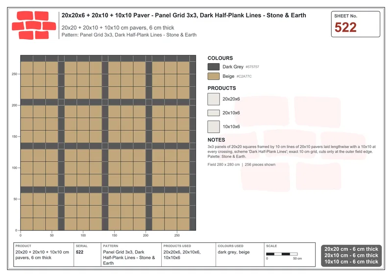 Interlock (Pasco) 20x20 cm · SQ22-522 · Panel Grid 3x3, Dark Half-Plank Lines - Stone & Earth · Laying plan Interlock (Pasco) 20x20 cm · SQ22-522 · Panel Grid 3x3, Dark Half-Plank Lines - Stone & Earth · Laying plan