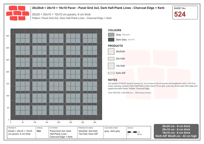 Interlock (Pasco) 20x20 cm · SQ22-524 · Panel Grid 3x2, Dark Half-Plank Lines - Charcoal Edge + Kerb · Laying plan Interlock (Pasco) 20x20 cm · SQ22-524 · Panel Grid 3x2, Dark Half-Plank Lines - Charcoal Edge + Kerb · Laying plan
