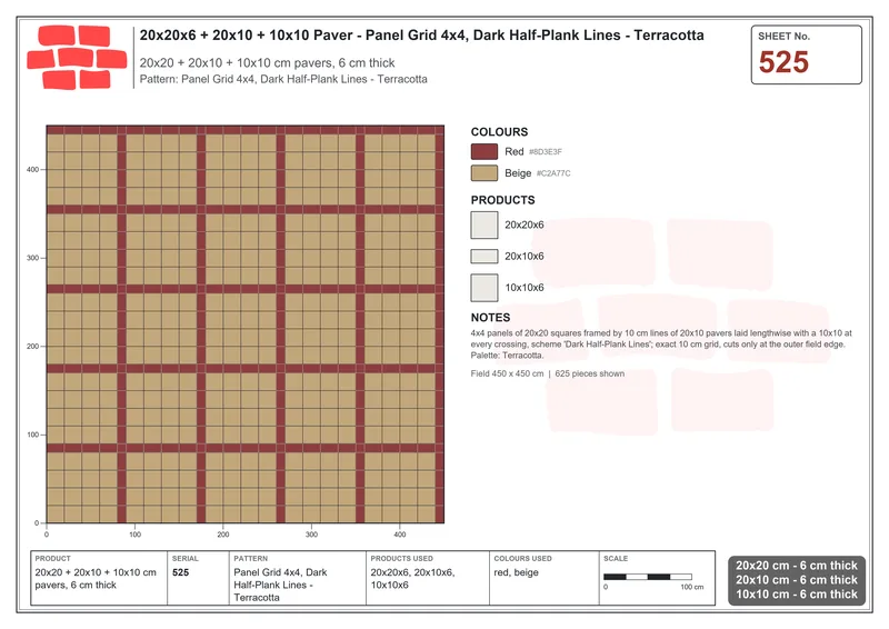 Interlock (Pasco) 20x20 cm · SQ22-525 · Panel Grid 4x4, Dark Half-Plank Lines - Terracotta · Laying plan Interlock (Pasco) 20x20 cm · SQ22-525 · Panel Grid 4x4, Dark Half-Plank Lines - Terracotta · Laying plan