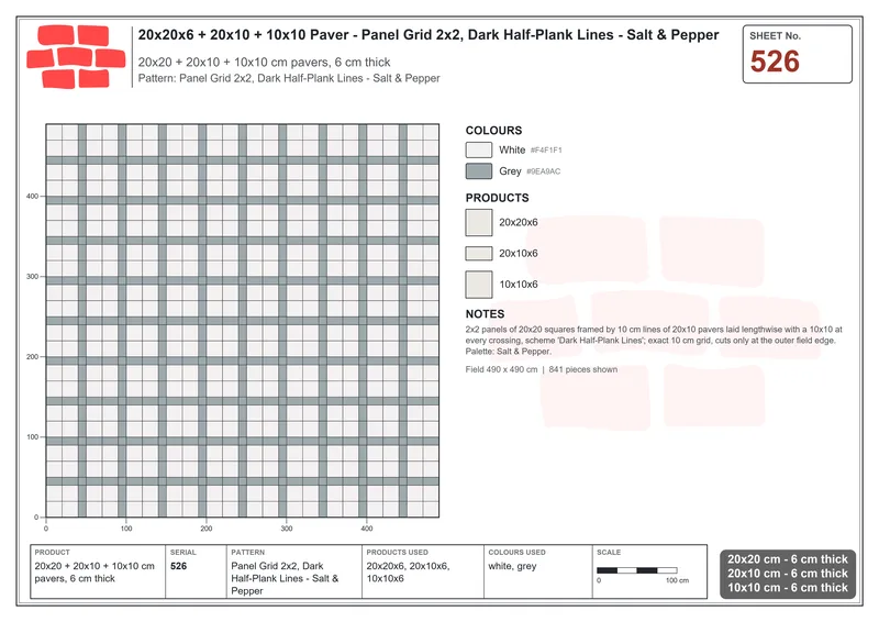 Interlock (Pasco) 20x20 cm · SQ22-526 · Panel Grid 2x2, Dark Half-Plank Lines - Salt & Pepper · Laying plan Interlock (Pasco) 20x20 cm · SQ22-526 · Panel Grid 2x2, Dark Half-Plank Lines - Salt & Pepper · Laying plan