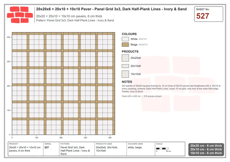 Interlock (Pasco) 20x20 cm · SQ22-527 · Panel Grid 3x3, Dark Half-Plank Lines - Ivory & Sand · Laying plan Interlock (Pasco) 20x20 cm · SQ22-527 · Panel Grid 3x3, Dark Half-Plank Lines - Ivory & Sand · Laying plan
