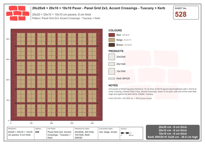 Interlock (Pasco) 20x20 cm · SQ22-528 · Panel Grid 2x3, Accent Crossings - Tuscany + Kerb · Laying plan Interlock (Pasco) 20x20 cm · SQ22-528 · Panel Grid 2x3, Accent Crossings - Tuscany + Kerb · Laying plan