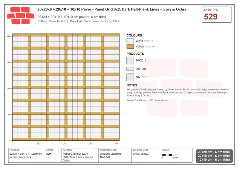 Interlock (Pasco) 20x20 cm · SQ22-529 · Panel Grid 3x2, Dark Half-Plank Lines - Ivory & Ochre · Laying plan Interlock (Pasco) 20x20 cm · SQ22-529 · Panel Grid 3x2, Dark Half-Plank Lines - Ivory & Ochre · Laying plan