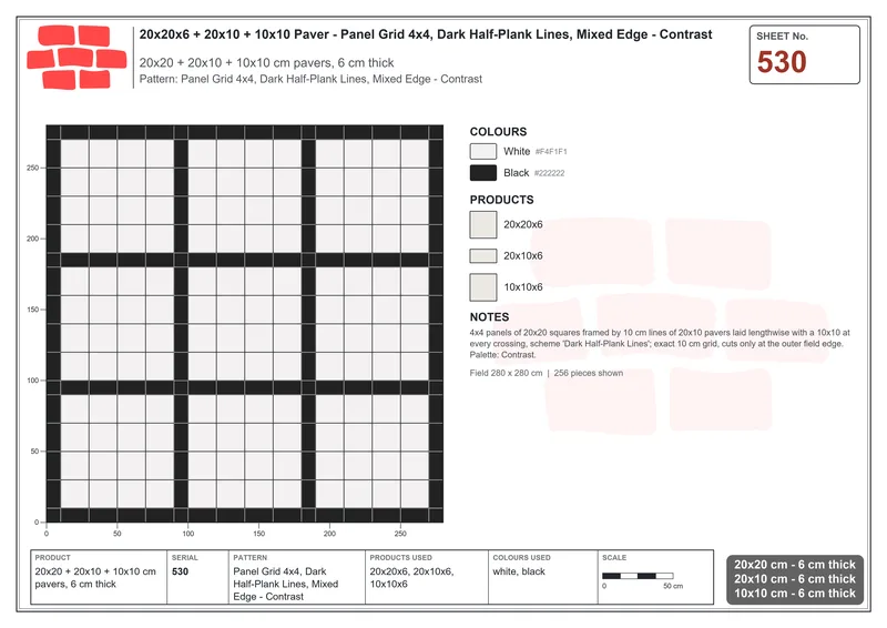 Interlock (Pasco) 20x20 cm · SQ22-530 · Panel Grid 4x4, Dark Half-Plank Lines, Mixed Edge - Contrast · Laying plan Interlock (Pasco) 20x20 cm · SQ22-530 · Panel Grid 4x4, Dark Half-Plank Lines, Mixed Edge - Contrast · Laying plan