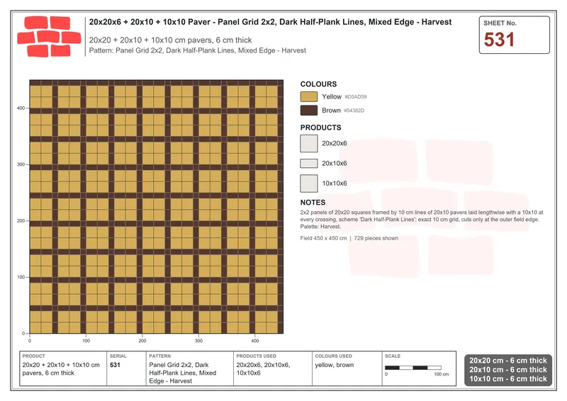 Interlock (Pasco) 20x20 cm · SQ22-531 · Panel Grid 2x2, Dark Half-Plank Lines, Mixed Edge - Harvest · Laying plan Interlock (Pasco) 20x20 cm · SQ22-531 · Panel Grid 2x2, Dark Half-Plank Lines, Mixed Edge - Harvest · Laying plan