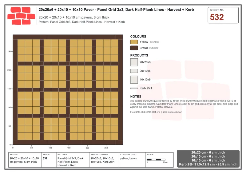 Interlock (Pasco) 20x20 cm · SQ22-532 · Panel Grid 3x3, Dark Half-Plank Lines - Harvest + Kerb · Laying plan Interlock (Pasco) 20x20 cm · SQ22-532 · Panel Grid 3x3, Dark Half-Plank Lines - Harvest + Kerb · Laying plan
