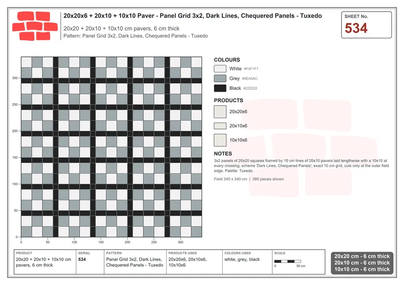 Interlock (Pasco) 20x20 cm · SQ22-534 · Panel Grid 3x2, Dark Lines, Chequered Panels - Tuxedo · Laying plan Interlock (Pasco) 20x20 cm · SQ22-534 · Panel Grid 3x2, Dark Lines, Chequered Panels - Tuxedo · Laying plan