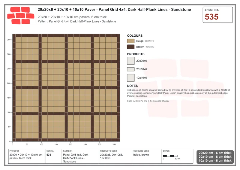 Interlock (Pasco) 20x20 cm · SQ22-535 · Panel Grid 4x4, Dark Half-Plank Lines - Sandstone · Laying plan Interlock (Pasco) 20x20 cm · SQ22-535 · Panel Grid 4x4, Dark Half-Plank Lines - Sandstone · Laying plan