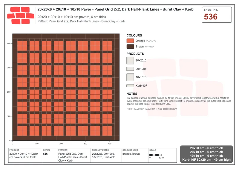 Interlock (Pasco) 20x20 cm · SQ22-536 · Panel Grid 2x2, Dark Half-Plank Lines - Burnt Clay + Kerb · Laying plan Interlock (Pasco) 20x20 cm · SQ22-536 · Panel Grid 2x2, Dark Half-Plank Lines - Burnt Clay + Kerb · Laying plan